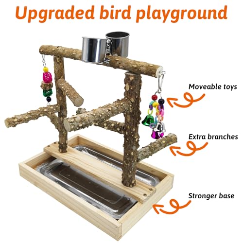 Image of BNOSDM Natural Wood Bird Playground for Training & Playing, Parrot Perch Stand Jungle Gym with Detachable Tray & Stainless Feeder Cups Parakeet Cage Playstand for Budgie, Cockatiel, African Grey