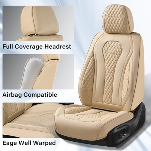 Image of Coverado Seat Covers, Car Seat Covers Front Seats, Beige Car Seat Cover, Waterproof Car Seat Covers, Car Seat Cushion, Front Car Seat Covers Leatherette Car Seat Protector Universal Fit Most Cars