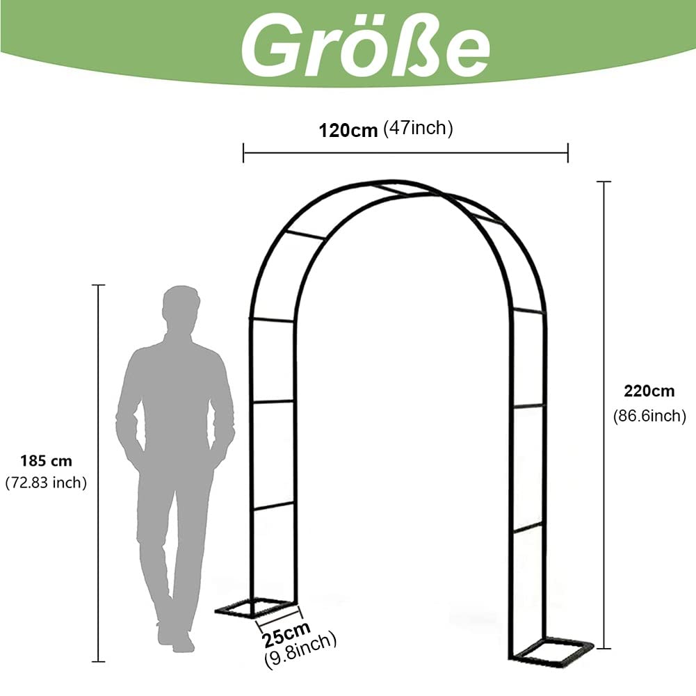 Treillis en métal noir pour arche de jardin, 220 x 120 x 25 cm, support de plantes grimpantes résistant aux intempéries, arbor, décoration extérieure, disponible en tailles 230 x 140 x 40 cm et 220 x