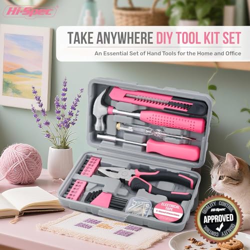 Image of Hi-Spec 25-Piece Small Tool Kit with Knife and Hex Key Included: Basic Essential Tool Set for Home, Office, and College (Pink)
