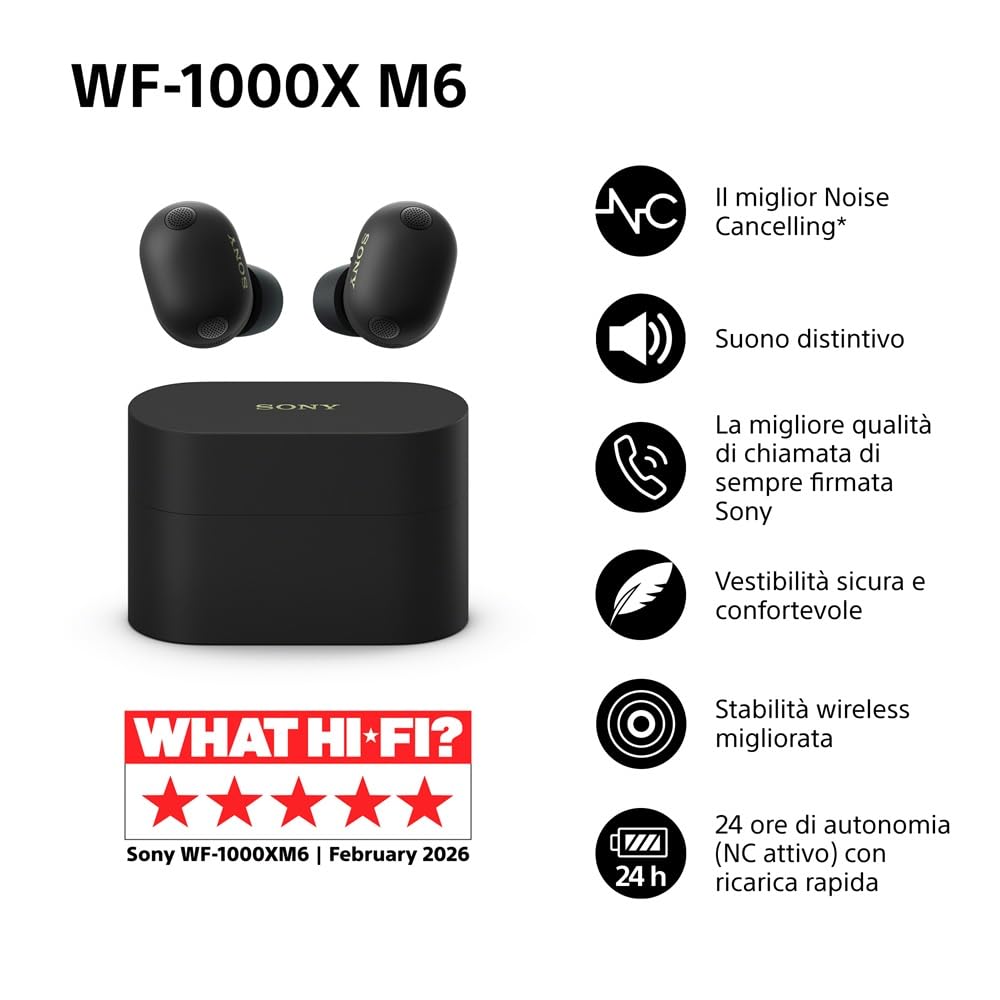 Sony WF-1000XM6: auricolari wireless top di gamma con noise cancelling, suono Hi-Res, chiamate nitide, EQ a 10 bande, autonomia fino a 24 ore NC on, IPX4, iOS/Android - Black