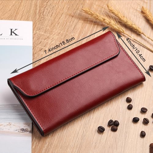 Retro Leather Envelope Women's Phone Card Holder Wallet, Thin Large Capacity Multifunctiona Leather Wallet, Clutch Wallet for Mother's Day Thanksgiving Fashion Gift (Wine Red)2