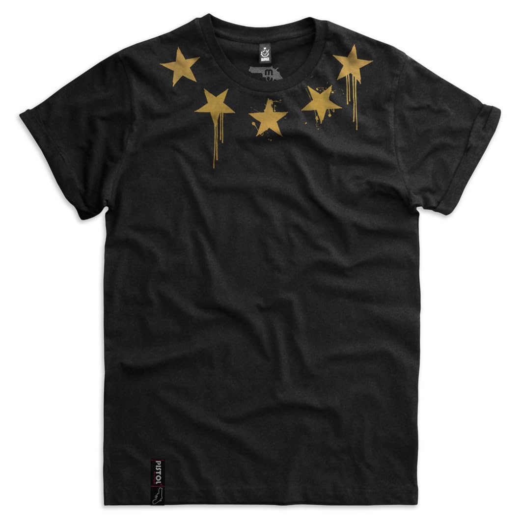 Pistol Boutique Mens Black Rolled Sleeve Fitted Crew Neck Gold Star Stars Necklace Fashion T-Shirt