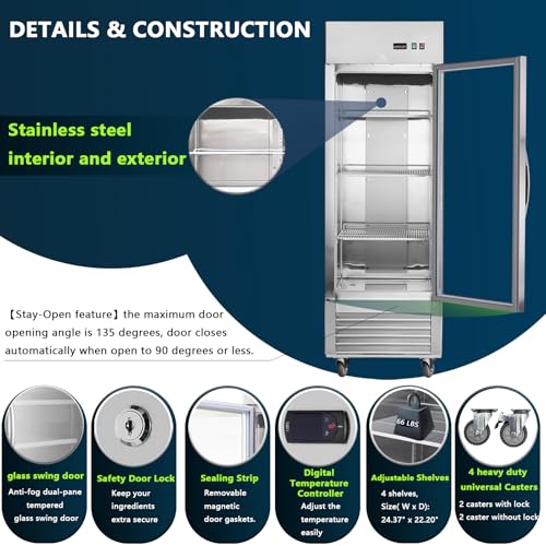 Image of 27 inch Commercial Refrigerators with Glass Door, 18.68 Cu.ft. Reach-in Commercial Fridge, Commercial Fridge refrigerator with Fan Cooling, Digital Temperature Display, ETL Certified for Restaurant, Bar