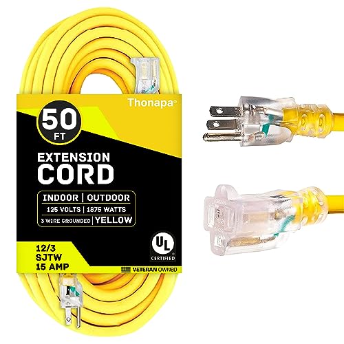 Thonapa 12 Gauge Extension Cord 50 ft, Weatherproof 12/3 Heavy Duty Outdoor Extension Cord 50’ SJTW 3 Prong, Lighted Plug Yellow Cable 15 Amp for Major Appliances & Garden Tools - US Veteran Owned