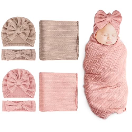 Image of DRESHOW BQUBO Newborn Receiving Blanket Headband Hat Set for Baby, Unisex Baby Boys Girls Essentials, Newborn Registry Must Haves, Stroller Crib Shower Gifts