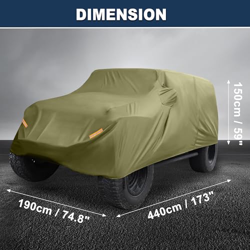 Image of Car Cover Waterproof All Weather with Driver Door Zipper for Jeep Wrangler JK JL 2 Door 2007-2021 / Full Exterior Cover /Durable 210D Oxford Cloth / 1Pcs Dark Green