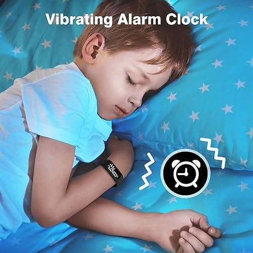 A child sleeping peacefully with the e-vibra A5C vibrating alarm watch on their wrist, with a graphic indicating a silent vibrating alarm clock.