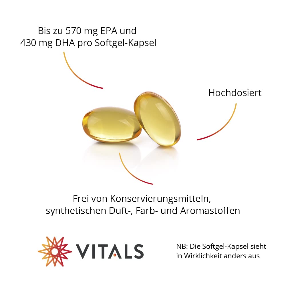 Vitals - Ultra Pure EPA/DHA 1000mg 60 gélules de softgel.Hautement dosé avec 570mg d'EPA et 430mg de DHA par gélule de softgel.Oméga 3 pur très bien absorbable sans additifs inutiles.