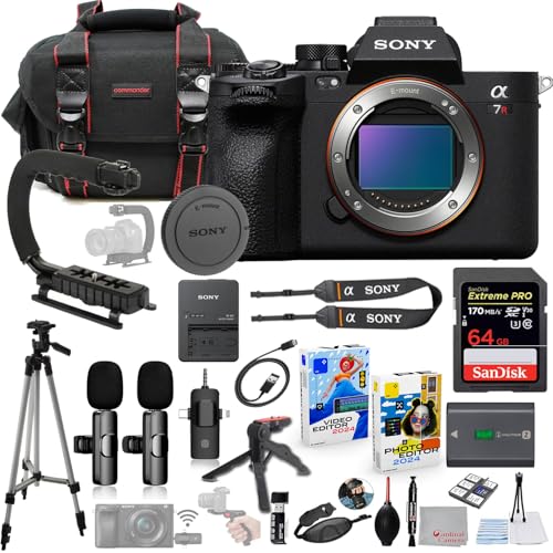 Sony a7R V Mirrorless Camera Body Only Bundle + Wireless Microphone System + Accessory Package Including 64GB Extreme Memory, U-Grip, Case, Tripod, Software and More (28 Items)