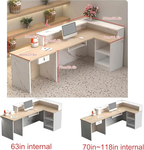Modern Front Reception Desk, Commercial l Shaped Reception Desk with LED Light & Lockable Drawer, Modern Retail Checkout Sturdy & Well Built for Lobbies, Office, SOHO, Shop - Thumbnail 2