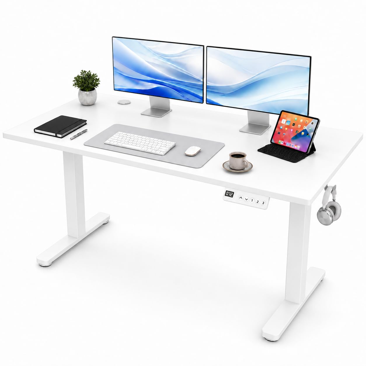 Claiks Electric Standing Desk 140x60cm Height Adjustable Desk with 3 Memory Presets & Sit Stand Reminder, Quiet Home Office Computer Desk with LED Display, Cable Holes & Hooks, White