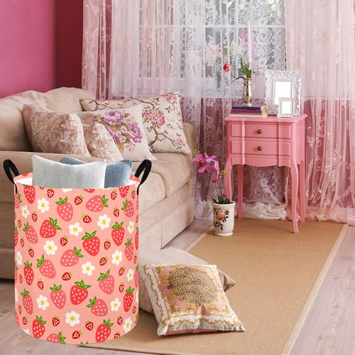 Image of Kids Laundry Hamper Clothes Gift Basket Storage Laundry Baskets Organizer Bin with Handles for Nursery Room (Strawberry)