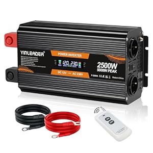 Yinleader Onduleur 2500W/5000W 12V vers 230V Convertisseur de Tension avec écran LCD, 2 Prises EU et USB, pour Voiture, Camping, Camping-Car, Camion, systèmes solaires