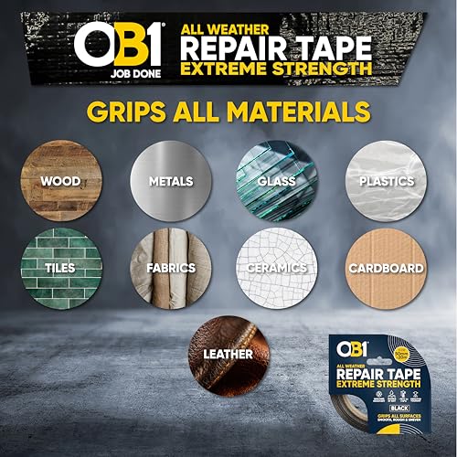 Image of OB1 Black All Weather Repair Tape Extreme Strength - Ultra Strong Waterproof Duct Tape - Maximum Bond Strength - Heat, Water & UV Resistant - Indoor & Outdoor Use - 50mm x 20m Roll