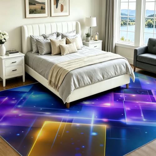 Alfombra lavable antideslizante de pelo corto azul con un diseño de halo abstracto moderno 4