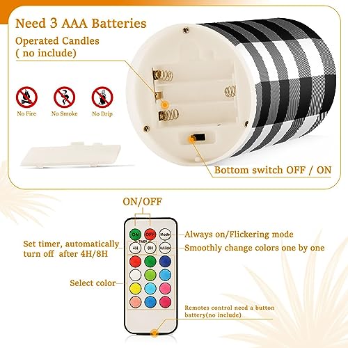 Image of YETTASBIN White Black Buffalo Plaid Flameless Candles with Remote Control and Timer, Adjustable Brightness Long Lasting Battery Operated LED Pillar Candles for Party Holiday Home Decor, 2 Pack