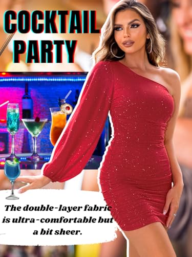 Image of ShawGobow Sparkly Outfits for Women,One Shoulder Ruched Bodycon Short Prom Dress,Sexy Dresses Cocktail Homecoming Nye