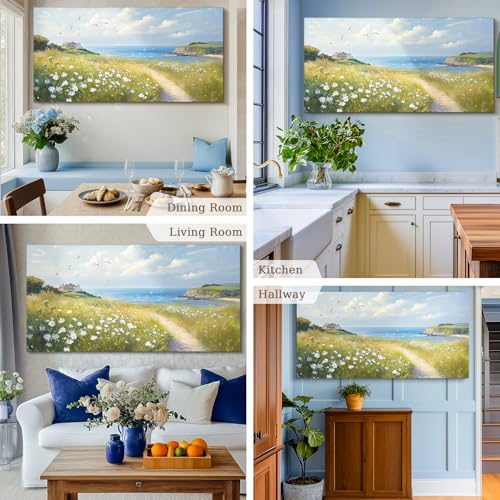 SERIMINO Seaside Nature Large Wall Art, Coastal Landscape Big Canvas Prints, Meadow Wildflowers Pictures Wall Decor, Sunny Scenery Home Decorations for Living Room Bedroom Farmhouse Cottage 30"X60"