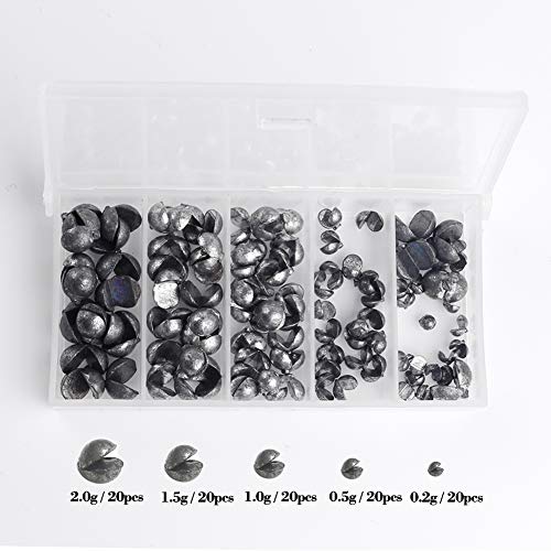 FREE FISHER Fishing Sinkers and Weights,100 pcs Round Split Shot Sinker Removable Fishing Weight Sinkers,Bass Casting Sinkers,0.2g、0.5g、1g、1.5g、2g,5 Sizes with Plastic Box Pack