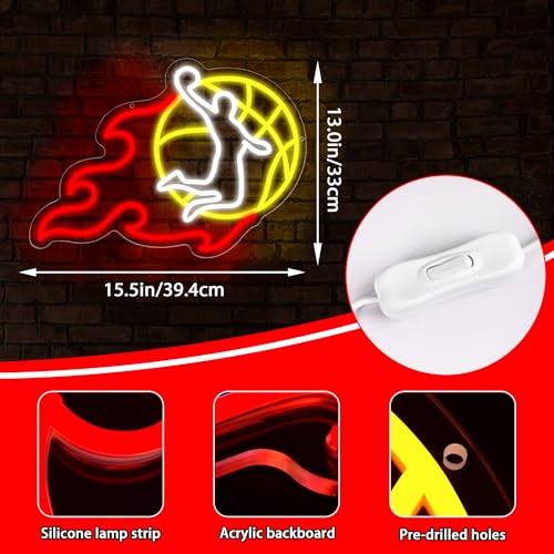 Image of Slam Dunk Neon Sign for Wall Decor Basketball Neon Light for Man Cave Dimmable Birthday Basketball Gifts for Tenn Boys Fans LED Dunk Sport Sign for Course Sport Bar Club Bedroom Art Size 15.5 * 12.9