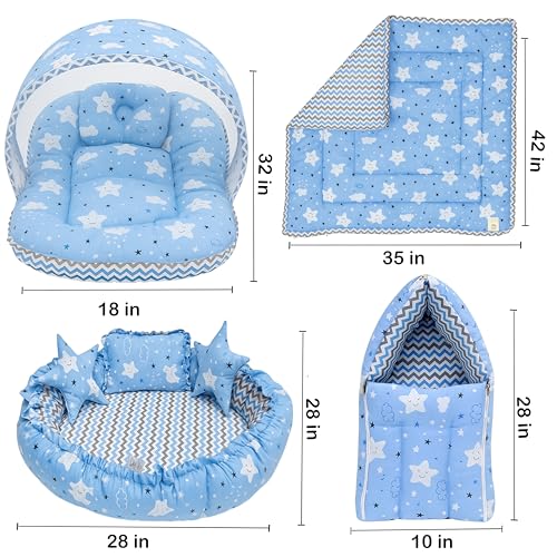 Image of Fareto Combo of Baby Bed with Net | Carry Bag | 4 Pcs Bedding Set (0-6 Months, Baby Size, Cotton) (Blue Cloud)