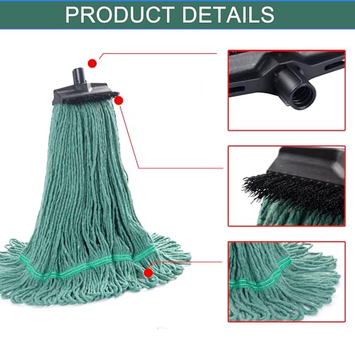 Image of Matthew Large Heavy Duty Mop Head Commercial Replacement for General and Floor Cleaning, Screw-on Wet Industrial Cotton Looped End String Head Refill (Green 2Pack) w /Built-in Flexible Bristle Brush