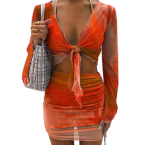 Image of Women's Sexy Long Sleeveless 2 Piece Sheer Mesh Cover Up Dress Crop Top Bodycon Ruched Mini Skirt Sets