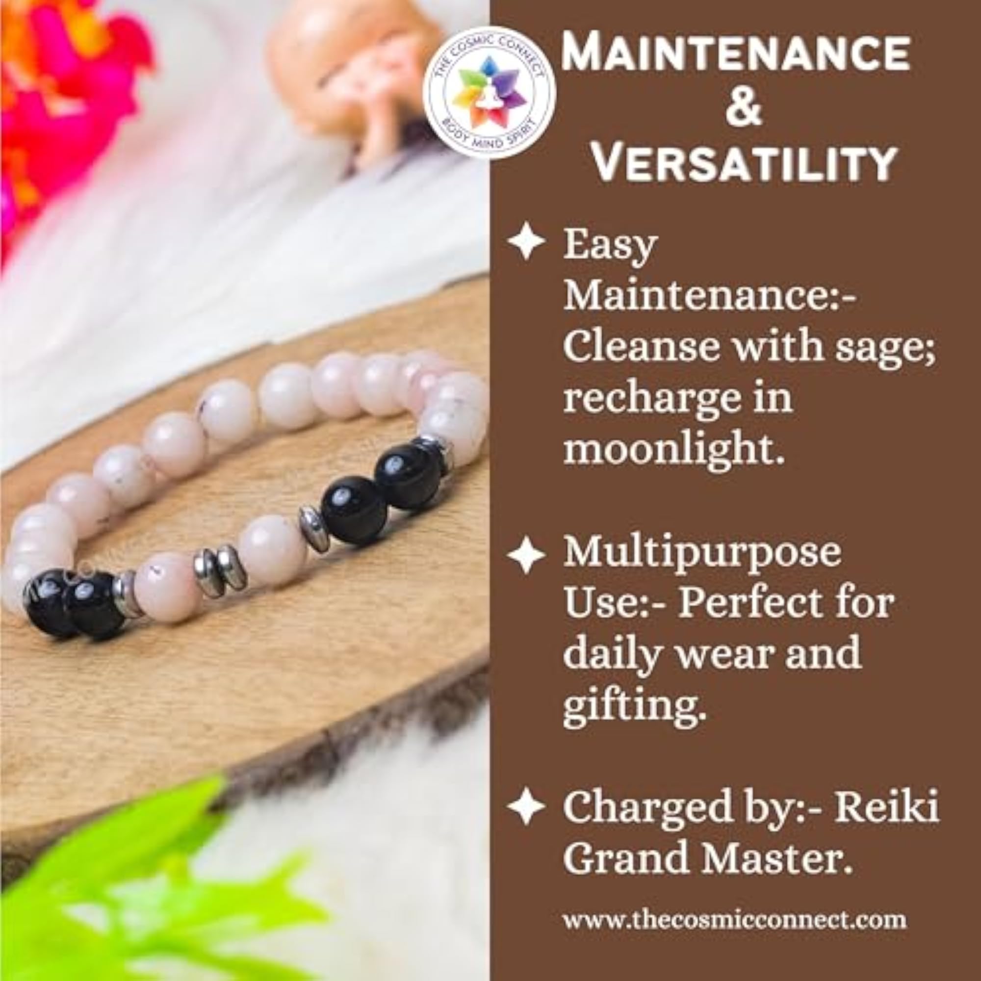 Black Tourmaline & Pink Opal Healing Crystal Bracelet