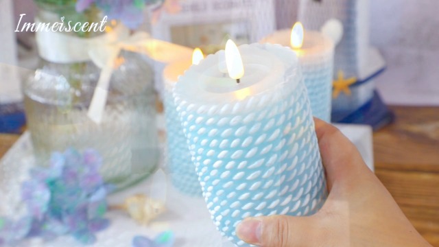 Image of Blue Flameless Candles, Rope Texture 3D Wick, Flickering Pillar Candles with Remote & Timer, 3 Pack