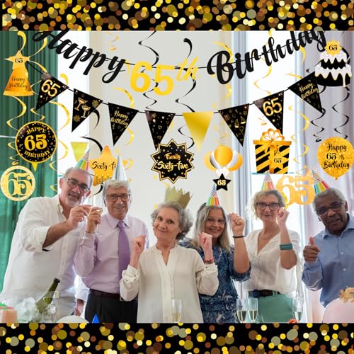 Image of Black&Gold 65th Birthday Decorations, Happy 65th Birthday Banner with 10PCS Hanging Swirls