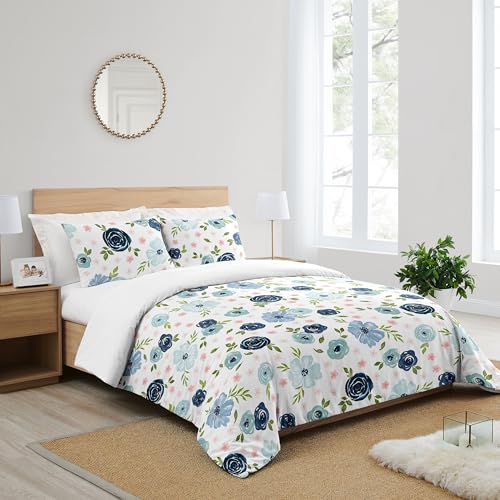 Image of Sweet Jojo Designs Navy Blue and Pink Watercolor Floral Girl Full /Queen Size Kid Childrens Bedding Comforter Set - 3 Pieces - Blush, Green and White Shabby Chic Rose Flower