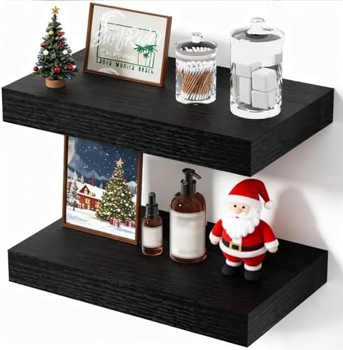 Floating Shelves Bathroom for Wall, Bathroom Shelves Over Toilet, Wall Shelves & Book Shelf for Room, Hanging Shelf, Modern Wooden Mounted Floating Shelves, 12x7x1.5 in (Black, Set of 2)