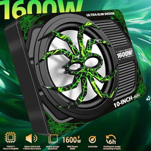 Image of Upgraded 1600W Car Subwoofer, 10 inch Ultra-Thin Under-Seat Sub with Built-in Amplifier, (LPF /Gain /Bass Boost) LED Ambient Lights, Independent Bass Knob, Distortion-Free Deep Bass(Green)