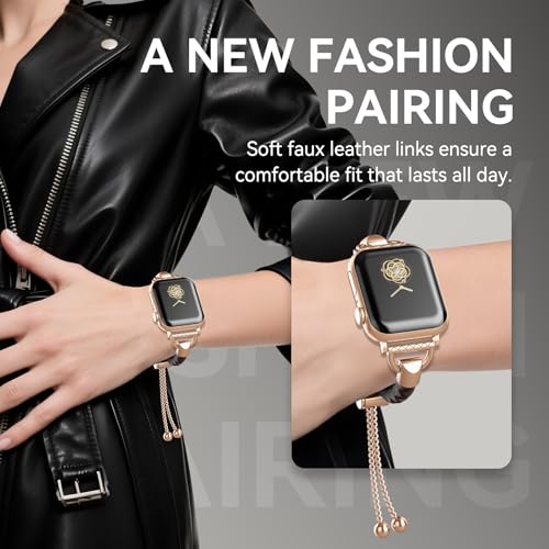 Image of Leather and Metal Band Compatible with Apple Watch Bands for Women,Adjustable Designer Cute Stylish Strap for iWatch Series11 /10 /9 /8 /7 /6 /5 /4 /3 /2 /1 /SE /Ultra