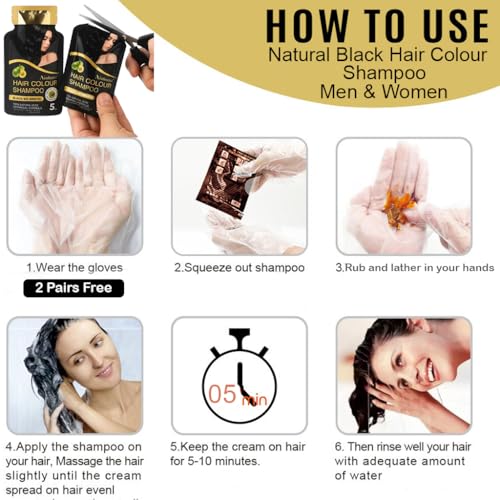 Image of Adbeni Natural Black Hair Color Shampoo with Conditioner for Men & Women | 5 Minute Grey Coverage | Ammonia Free, No Harsh PPD | Herbal Hair Dye Shampoo | 25ml x 2 Sachets
