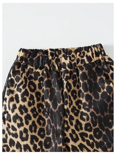 Floerns Calça feminina de leopardo com laço Y2K cintura alta perna larga larga calças largas, Marrom