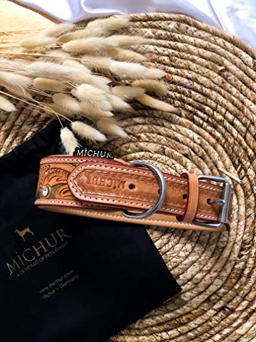 MICHUR GoldenEye Hundehalsband Leder, Lederhalsband Hund, Halsband, Leder, BEIGE, Caramel, Braun, Gold, MIT STANZUNGEN UND FARBHINTERLEGUNG mit Strasssteinen, in verschiedenen Größen erhältlich