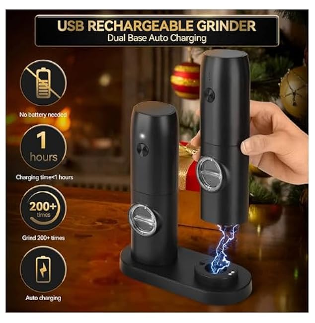Electric Salt Pepper Grinder Set, Rechargeable Automatic Pepper Mill with LED Light, Adjustable Coarseness, USB Charging