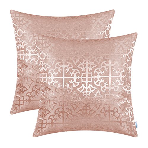 CaliTime Pack of 2 Throw Pillow Covers Cases for Couch Sofa Home Decor Vintage Shining & Dull Contrast Cross Flowers Trellis Geometric Figure 18 X 18 Inches Dusty Pink