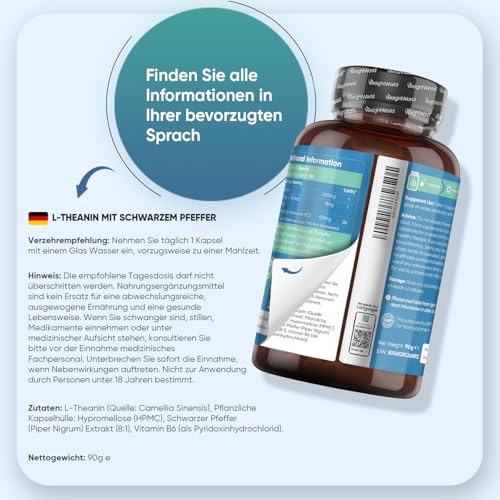 L Theanin, 408 mg je Kapseln - 180 Vegane Kapseln - 6 Monate Vorrat - Mit Schwarzer Pfeffer Extrakt & Vitamin B6 - L-Theanine aus Camellia Sinensis - Täglich 1 pro Tag - Glutenfrei - WeightWorld