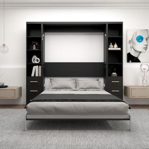 Image of KEIKI Queen Size Vertical Cabinet Murphy Bed with 2 Side Cabinet, Black | Multifunctional Foldable Hideaway Wall Metal Bed Frame, No Box Spring Needed, Easy Assembly, for Bedroom, Guest room