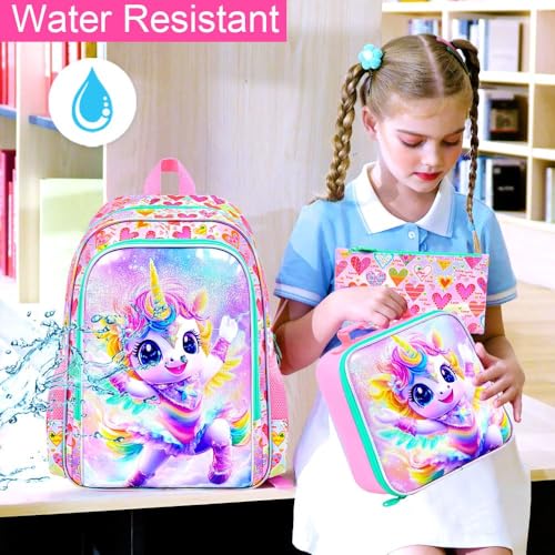 Image of 3Pcs Unicorn Backpack for Girls, 16 inch School Bookbag Set with Lunch Box,Kids Backpacks for Elementary Preschool Kindergarten (Pink)