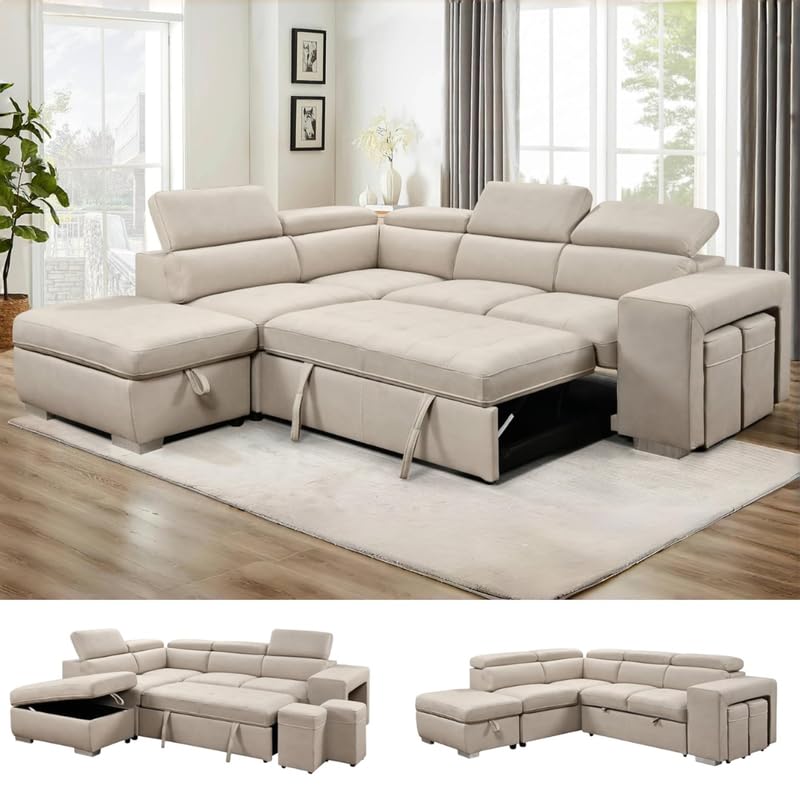 Image of Homax. - Rumi1L-Shaped Sectional Sleeper Sofa Couch in 5 piece with Pull-Out Bed, Storage Ottoman & Adjustable Headrests, Leatherette upholstered, Right-Facing Chaise, Beige