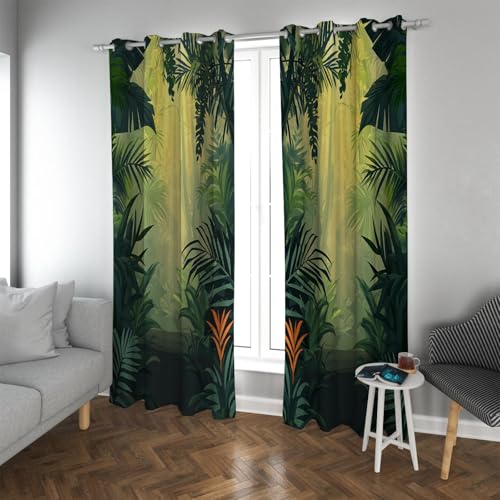PARREN Cortinas Puerta Opacas Verdes la Selva Plantas Tropicales Hojas plátano eucalipto Palma Cortinas Ventana térmicas para la Sala Estar Que bloquea la luz W140xL230cm 2 Paneles