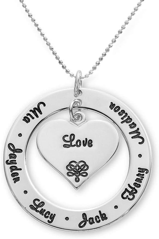 MYKA - Personalized Grandma/Mom Circle Necklace with Hanging Heart Charm - Customized Pendant - Precious Metals: 925 Sterling Silver, 18K Gold & Rose Gold Plating, Vermeil - Dainty Jewelry For Christmas, Xmas, MotherÕs Day For Mom, Mother, Grandma, Her, Women