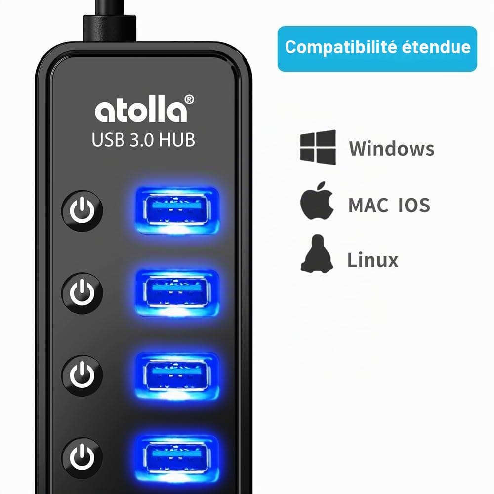 Atolla Hub USB 3.0 actif avec bloc d'alimentation, 7 ports USB 3.0 Hub de données actif avec interrupteur et 1 port de charge intelligent et adaptateur d'alimentation 20 W (5 V/4 A)