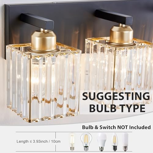 Image of Bathroom Vanity Light Fixtures Over Mirror 4 Crystal Lights - Makeup Lighting Black Gold - for Modern Wall, Bath, Desk, Farmhouse, Hallway