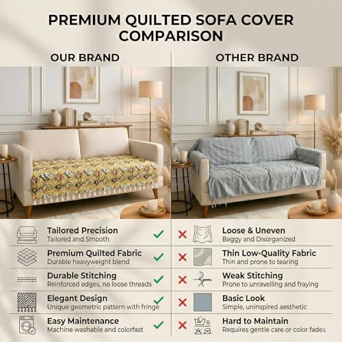 Image of BSB HOME Cotton Sofa Cover Throw with Tassels, Soft Breathable Fabric, Printed Couch Cover for Living Room, Lightweight Furniture Protector (27 x 70 Inches / 69 x 178 cm) (Yellow & Olive Green)