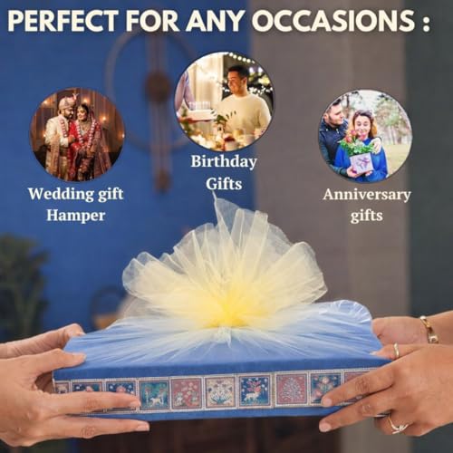 Image of SATYAM KRAFT 3 Pcs Multipurpose Decorative Folding Gift Box, Gift hampers | Paper Gift Hamper Boxes for wedding Return Gifts, Sweets, DIY Craft | Rectangular Cardboard Tray with Net (Dark Blue)